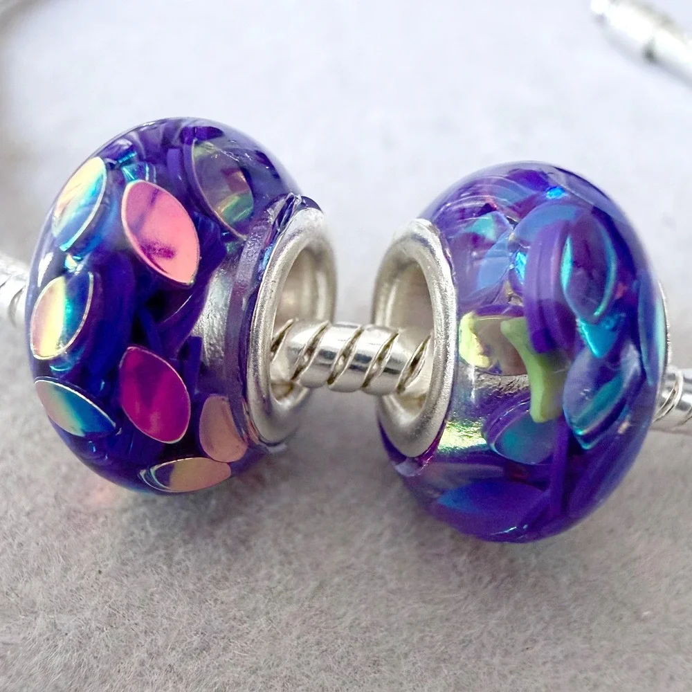 2 PCs Purple Iridescent Confetti Spacer Bead Charms fits PANDORA
